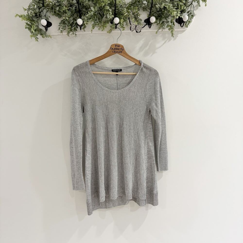 Eileen Fisher Gray Long Sleeve Tunic linen Knit And Asymmetric Hem XS J 5927